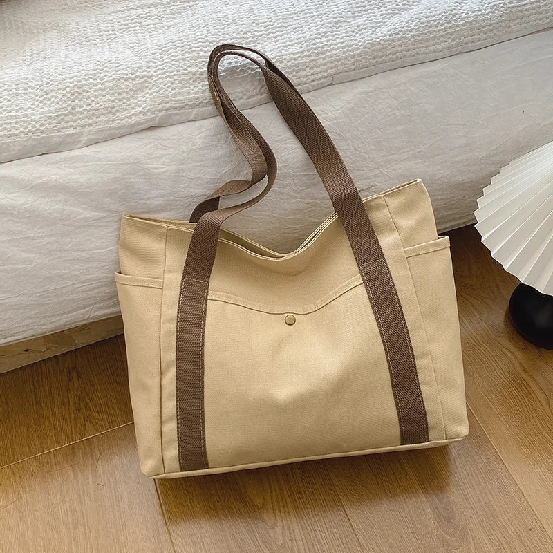 Canvas Women'S Shoulder Bag Large Capacity Multiple Outer Pocket Zipper Tote Bag Student Handbag Shopping