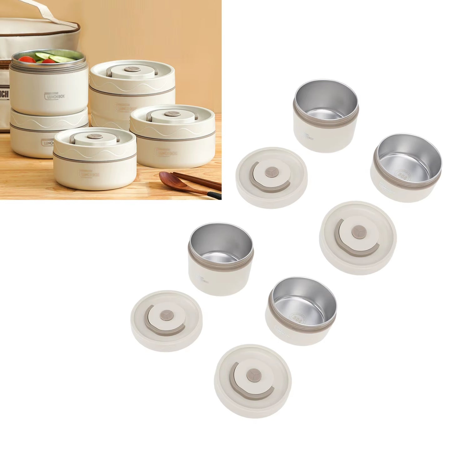 Insulated Lunch Container Box 304 Stainless Steel Sealed Multifunction Portable round Thermal Bento Box with Thermal Bag