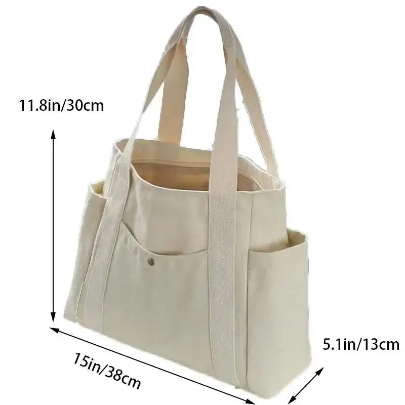 Canvas Women'S Shoulder Bag Large Capacity Multiple Outer Pocket Zipper Tote Bag Student Handbag Shopping