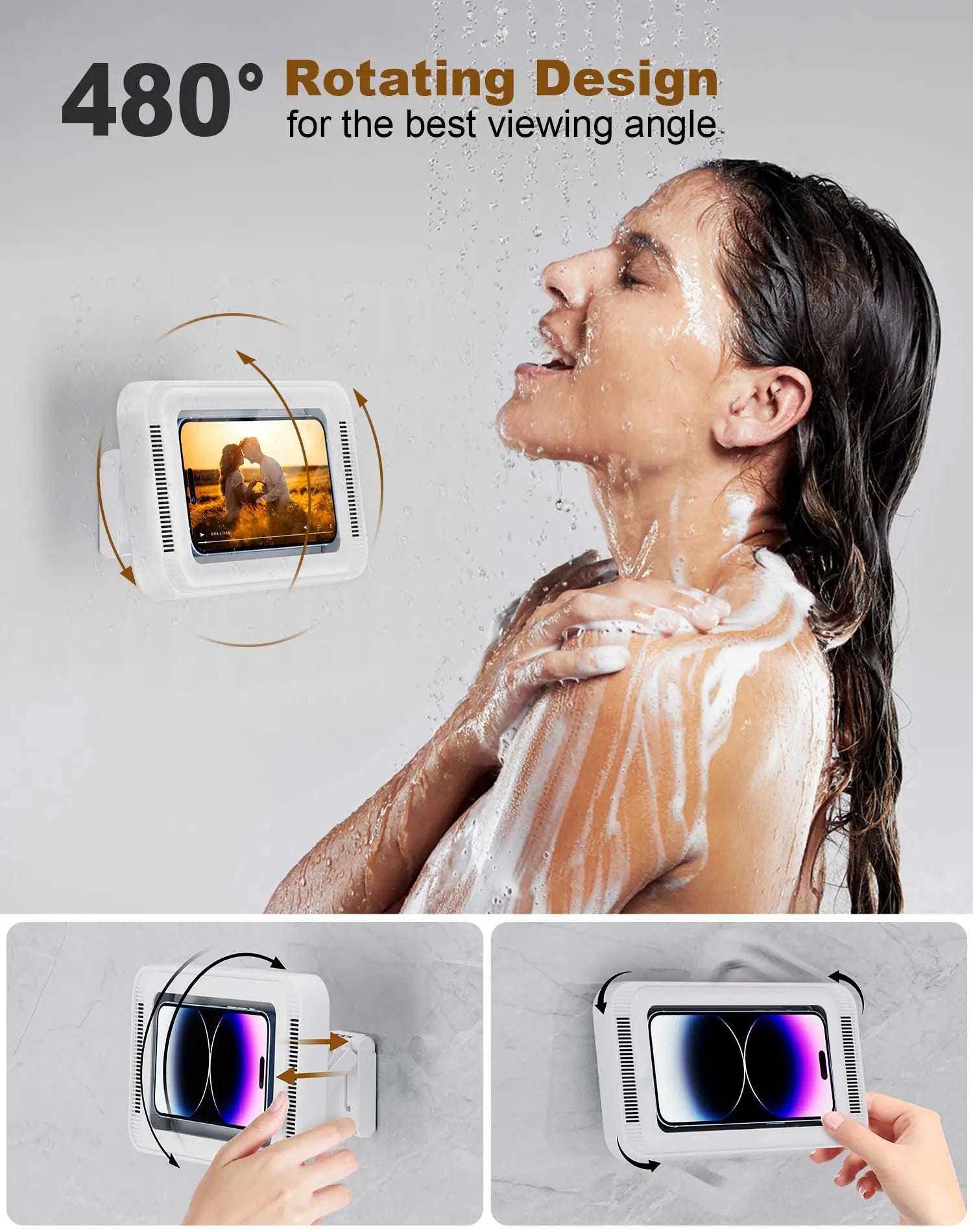 Shower Phone Holder with Speaker 480 Rotation, Wall Phone Mount for Shower Waterproof anti Fog Shower Case for 4-7" Phones