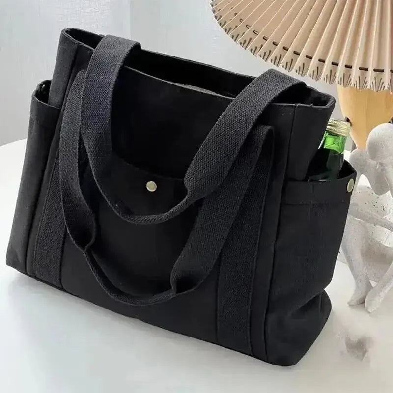 Canvas Women'S Shoulder Bag Large Capacity Multiple Outer Pocket Zipper Tote Bag Student Handbag Shopping